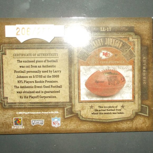 Larry Johnson 2003 NFL Playoff Hogg Heaven Chiefs Football Relic Card #206/250 - Picture 3 of 3